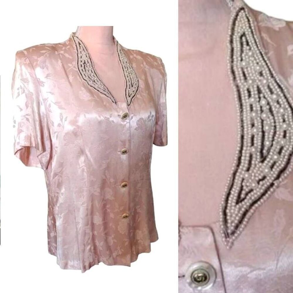 VTG 80s Glam Pink Satin Cottagecore Blouse XL Beaded Pearl Floral Appliqué